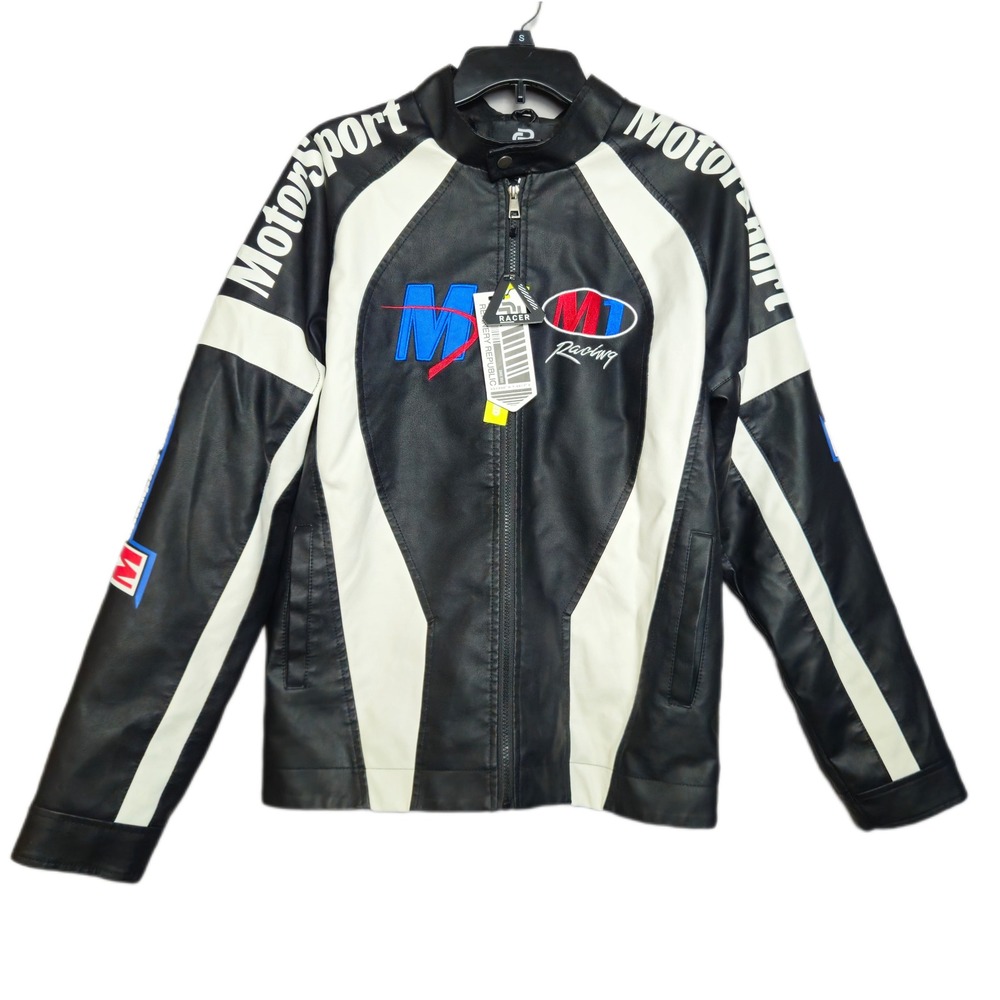 Refinery Republic Mens Motorsport Racing Jacket Black White Faux Leather Medium